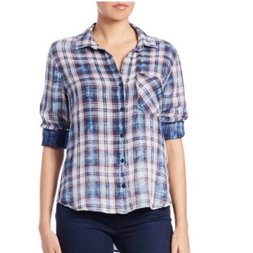 Cloth & Stone | Blue Plaid Burnout Button-Down Shirt | Sz S